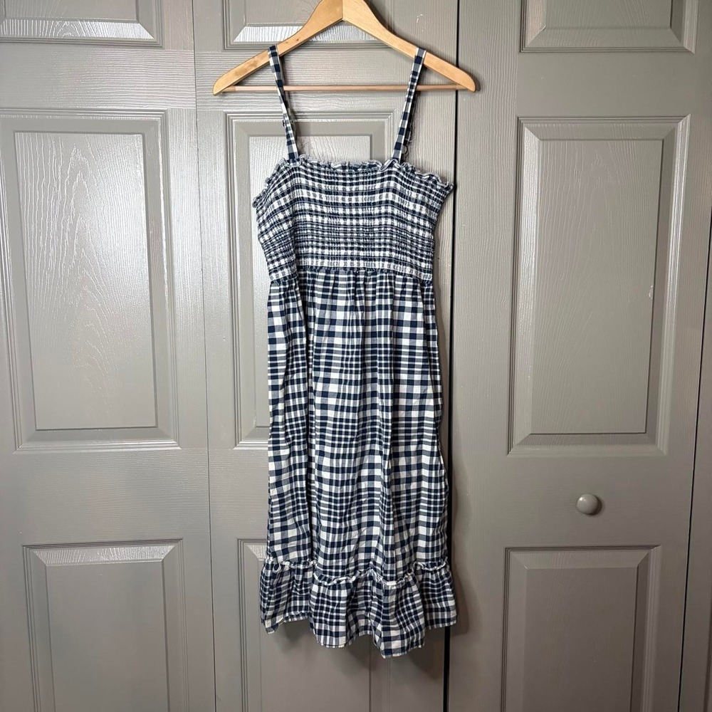 Faded Glory Navy White Gingham Smocked Midi Dress Ruffle Cotton Large 12-14